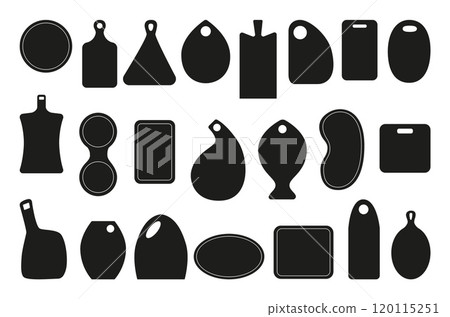 Cutting boards black silhouettes. Kitchen equipment for cut food products and serving. Different board shapes for logo, badges neoteric vector set Cutting boards black silhouettes. Kitchen equipment for cut food products and serving. Different board shapes for logo, badges neoteric vector set 120115251