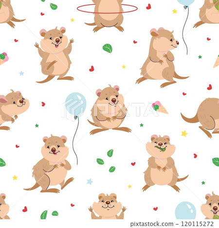 Quokka seamless pattern. Cute australian animal, funny cartoon little animals eating training smiling. Childish mascots print, nowaday vector background 120115272