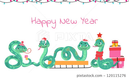 Cartoon snakes new year style. Funny snake wear santa claus hat, gift boxes and garlands. Winter holiday banner poster card, vector design Cartoon snakes new year style. Funny snake wear santa claus hat, gift boxes and garlands. Winter holiday banner poster card, vector design 120115276