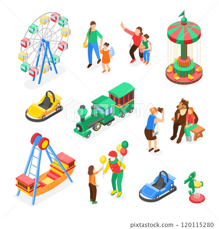 Isometric amusement park elements. Ferris wheel cars swing boat, clown and circus animal bear. Children with parents walking, flawless vector set 120115280