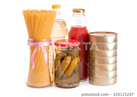 Food Reserves: Canned Food, Spaghetti, Pate, Tuna, Tomato Juice, Pasta, Fish and Grocery - Isolated Food Reserves: Canned Food, Spaghetti, Pate, Tuna, Tomato Juice, Pasta, Fish and Grocery - Isolated 120115287