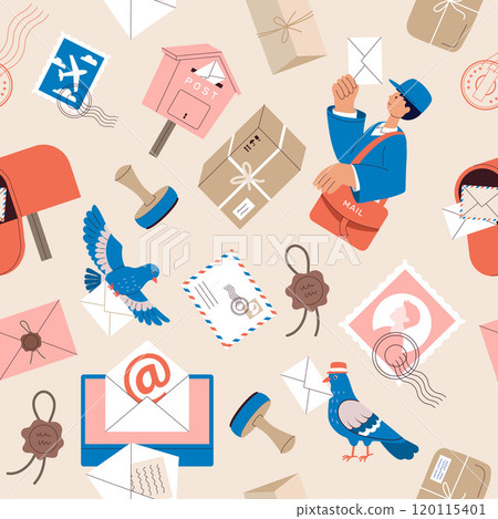 post service. mail envelopes stamps professional postman. vector seamless background post service. mail envelopes stamps professional postman. vector seamless background 120115401