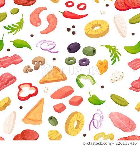 pizza ingredients pattern. meat vegetables cheeses for preparing italian pizza fresh natural products. vector seamless background 120115410