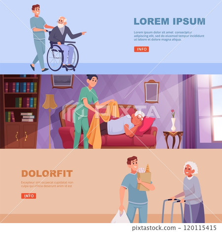 Elderly care. social medical service helping elderly people. vector horizontal banners Elderly care. social medical service helping elderly people. vector horizontal banners 120115415