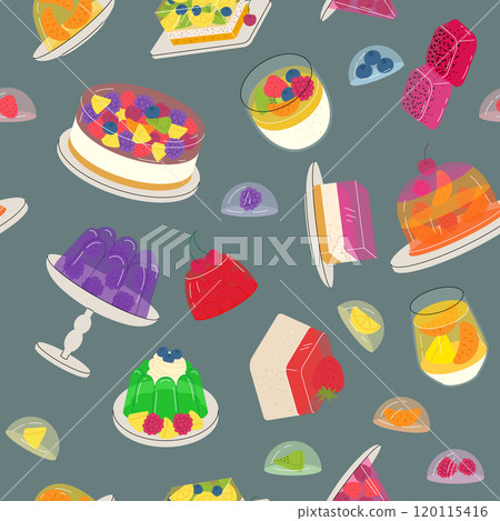 dessert pattern. jelly Delicious cakes and Candy. vector seamless background 120115416
