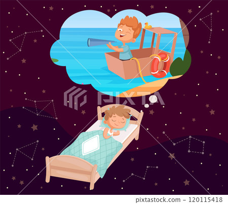 boy dreaming. sleeping kid dreaming about sea adventures and worldwide exploration 120115418