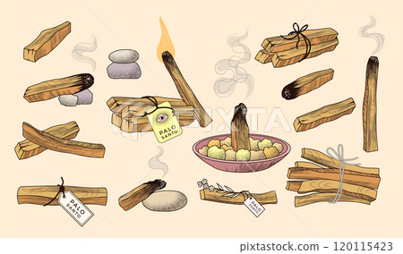 Palo santo. Hand drawn pictures of aroma wood stick for spiritual rituals recent vector aromatherapy natural items 120115423