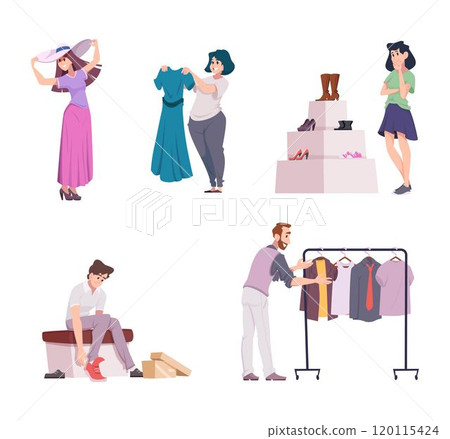 Clothes market. Fashioned people buying or trying clothes in retail store exact vector cartoon illustrations 120115424