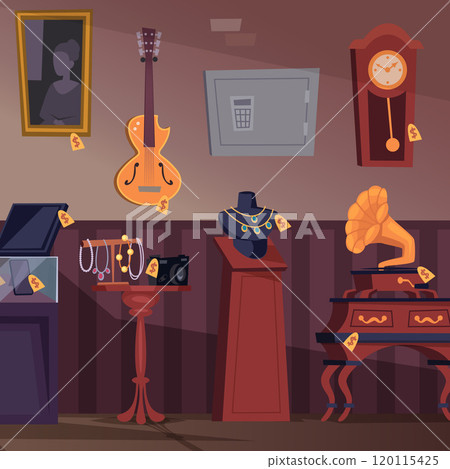 pawn shop. different old treasure in pawn shop jewelry items drawings retro technique gramophone. Vector cartoon background interior 120115425