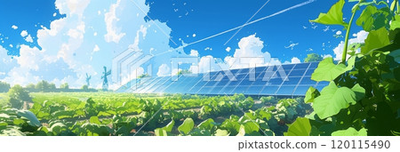 Growing fresh vegetables and fruits next to fields with solar panels, eco generation, illustration banner 120115490