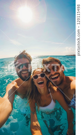 Happy smiling young people taking selfie against sea background, beach holiday with friends 120115498