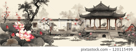Chinese pavilion near a lake with lotus blooming, classical Chinese painting, illustration banner 120115499
