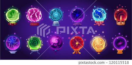 Cartoon magic balls. Fortune telling ball with magma plasma fire power. Witch magical accessories, energy fantasy spheres nowaday vector set 120115518