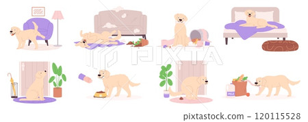 Pet behavior problems. Dog different emotions, destroying at home. Puppy play with garbage, poops on carpet, rips furniture, steals food, racy vector scenes Pet behavior problems. Dog different emotions, destroying at home. Puppy play with garbage, poops on carpet, rips furniture, steals food, racy vector scenes 120115528