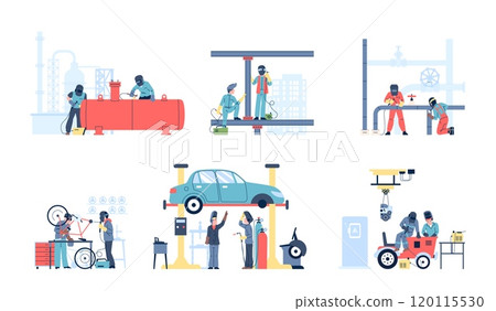 Welders at work. Welder working with metal pipes and pipelines, on building, car repair. Men in uniform with welding tools recent vector scenes Welders at work. Welder working with metal pipes and pipelines, on building, car repair. Men in uniform with welding tools recent vector scenes 120115530