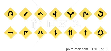 Yellow road arrow signs. Highway warning symbols, navigation and direction for street or trail. Straight right left turning pointers, recent vector set Yellow road arrow signs. Highway warning symbols, navigation and direction for street or trail. Straight right left turning pointers, recent vector set 120115539