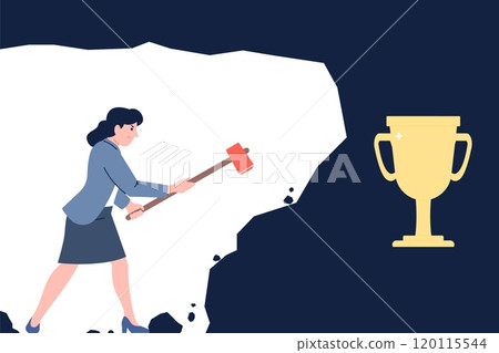 Woman with sledgehammer breaks wall, gets to golden cup. Metaphor of determination, achieving goals, promotion at work. Flat vector concept Woman with sledgehammer breaks wall, gets to golden cup. Metaphor of determination, achieving goals, promotion at work. Flat vector concept 120115544