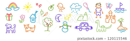 Cute drawing of a cat, dog, and rainbow with a playful feel. Cute drawing of a cat, dog, and rainbow with a playful feel. 120115546