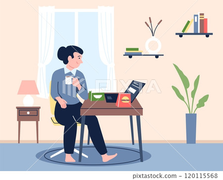 Freelancer girl working at home and eating at workplace looking in laptop. Fast food breakfast lunch or dinner for remote worker, vector scene Freelancer girl working at home and eating at workplace looking in laptop. Fast food breakfast lunch or dinner for remote worker, vector scene 120115568