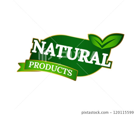 Organic label with green leaf for eco and wellness branding. 120115599