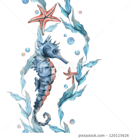 Seahorse, sea blue algae with leaves wriggling in wave with bubbles and coral starfish. Hand drawn watercolor illustration of underwater world. Seamless vertical border pattern for long projects 120115626