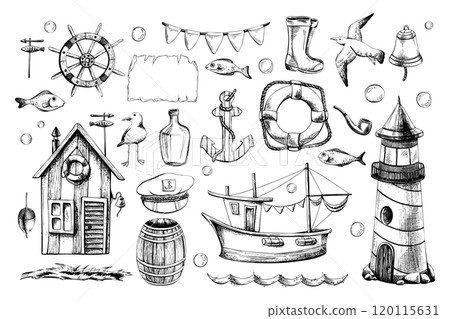 Sea fishing with a lighthouse, boat, cabin, steering wheel, anchor, lifebuoy, barrel, boots, fish and seagulls. Graphic linear drawing, hand drawn in black and white monochrome. nautical. Clip art set 120115631
