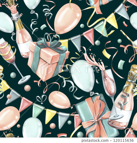 Festive balloons, gifts, champagne in glasses and bottles, confetti and flag garlands. Watercolor illustration. Seamless pattern from the collection of HAPPY BIRTHDAY. For design of congratulations 120115636