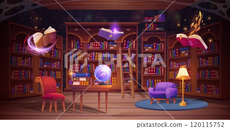 Magic library. Wizards school cartoon interior bookstore bookcase with old magical books alchemy book bookshelf, witch secret room bookcases classroom swanky vector illustration 120115752