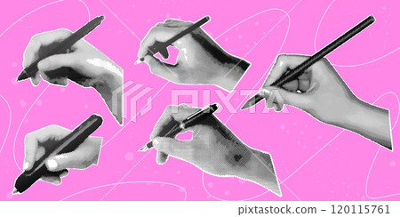 Halftone hands with pen. Hand holding draw or write tool pencil stylus marker, vintage writer paper collage retro grunge pop art abstract study concept, exact vector illustration 120115761