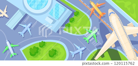Airplanes runway top view. Plane ready takeoff airstrip at international airport terminal building, commercial airline passenger aircraft touristic flight, neat vector illustration Airplanes runway top view. Plane ready takeoff airstrip at international airport terminal building, commercial airline passenger aircraft touristic flight, neat vector illustration 120115762