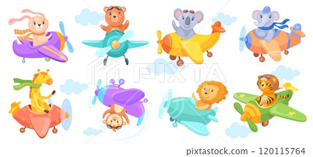 Cartoon animals in airplane. Cute baby animal pilot in propeller plane, fun little elephant koala bear flying aircraft air travel children characters set, neat vector illustration 120115764