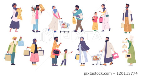 Arabian people shopping. Moslem customers saudi dubai store, muslim happy family arabic couple in traditional islamic dress scarf hijab, sale shop buyers classy vector illustration 120115774