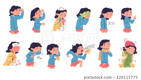 Kid girl cold symptoms. Child cough in elbow rhinitis sickness flu symptom, unwell kids sneeze with tissue dizziness coldness chill influenza or allergy, classy vector illustration 120115775