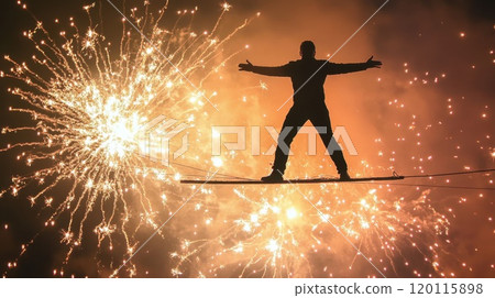 Tightrope walker amid fireworks 120115898
