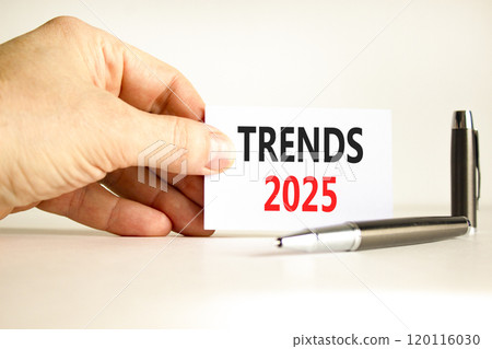 Planning trends 2025 new year symbol. Concept words Trends 2025 on beautiful white card. Beautiful white background. Businessman hand. Business trends 2025 new year concept. Copy space. Planning trends 2025 new year symbol. Concept words Trends 2025 on beautiful white card. Beautiful white background. Businessman hand. Business trends 2025 new year concept. Copy space. 120116030