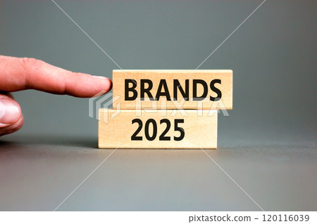 Planning brands 2025 new year symbol. Concept words Brands 2025 on beautiful wooden blocks. Beautiful grey background. Businessman hand. Business brands 2025 new year concept. Copy space. Planning brands 2025 new year symbol. Concept words Brands 2025 on beautiful wooden blocks. Beautiful grey background. Businessman hand. Business brands 2025 new year concept. Copy space. 120116039