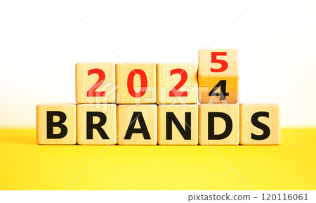 Planning 2025 brands new year symbol. Concept words 2024 Brands to 2025 Brands on beautiful wooden blocks. Beautiful yellow table white background. Business 2025 brands new year concept. Copy space. 120116061