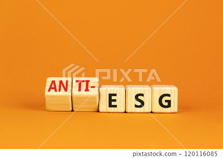 Anti-ESG environment social governance symbol. Concept word Anti-ESG on wooden cubes. Beautiful orange background. Business Anti-ESG environment social governance concept. Copy space 120116085