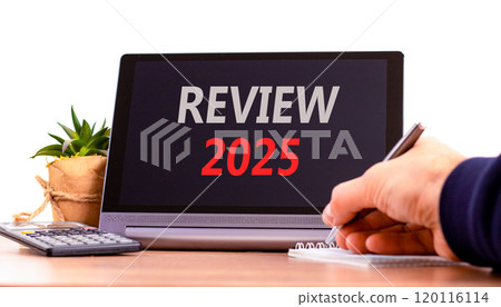 Planning review 2025 new year symbol. Concept words Review 2025 on beautiful black tablet. Beautiful white background. Businessman hand. Business review 2025 new year concept. Copy space. Planning review 2025 new year symbol. Concept words Review 2025 on beautiful black tablet. Beautiful white background. Businessman hand. Business review 2025 new year concept. Copy space. 120116114
