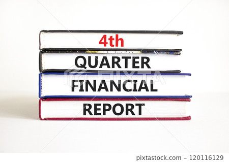 4th quarter financial report symbol. Concept words 4th quarter financial report on beautiful books. Beautiful white table white background. Business 4th quarter financial report concept. Copy space. 4th quarter financial report symbol. Concept words 4th quarter financial report on beautiful books. Beautiful white table white background. Business 4th quarter financial report concept. Copy space. 120116129