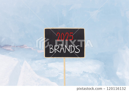 Planning 2025 brands new year symbol. Concept words 2025 Brands on beautiful yellow chalk blackboard. Beautiful Baikal lake blue ice background. Business 2025 brands new year concept. Copy space. Planning 2025 brands new year symbol. Concept words 2025 Brands on beautiful yellow chalk blackboard. Beautiful Baikal lake blue ice background. Business 2025 brands new year concept. Copy space. 120116132