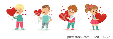 Cute Little Boy and Girl with Red Heart Feel Love Vector Set 120116276
