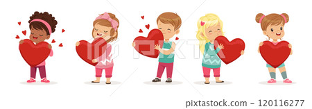 Cute Little Boy and Girl with Red Heart Feel Love Vector Set 120116277