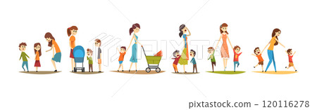 Woman Mother Walking Outdoor with Her Kids Vector Set 120116278