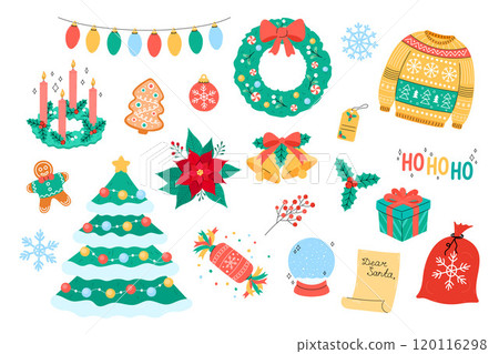 Cute Christmas vector set. Isolated festive ornaments, Christmas tree, wreath, gifts and Xmas holiday symbols for December seasonal designs and greeting cards. Flat and doodle elements, objects Cute Christmas vector set. Isolated festive ornaments, Christmas tree, wreath, gifts and Xmas holiday symbols for December seasonal designs and greeting cards. Flat and doodle elements, objects 120116298