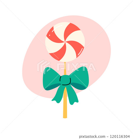 Cute lollipop isolated vector illustration. Traditional Christmas candy, sweet lollipop decorated with bow. Xmas holiday symbol for December seasonal designs. Flat and doodle elements Cute lollipop isolated vector illustration. Traditional Christmas candy, sweet lollipop decorated with bow. Xmas holiday symbol for December seasonal designs. Flat and doodle elements 120116304