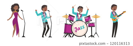 Jazz Man and Woman Musician with Microphone and Musical Instrument on Stage Vector Set Jazz Man and Woman Musician with Microphone and Musical Instrument on Stage Vector Set 120116313