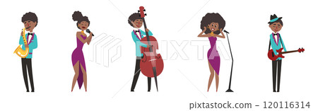 Jazz Man and Woman Musician with Microphone and Musical Instrument on Stage Vector Set 120116314