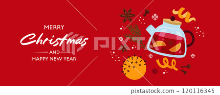 Stock vector Christmas banner template. Mulled wine, orange, spices, teapot on red background. Stock vector Christmas banner template. Mulled wine, orange, spices, teapot on red background. 120116345