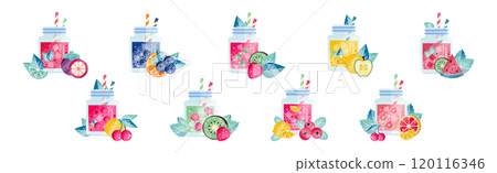 Glass Jar with Detox Fruit and Berry Drink with Straw Vector Set Glass Jar with Detox Fruit and Berry Drink with Straw Vector Set 120116346